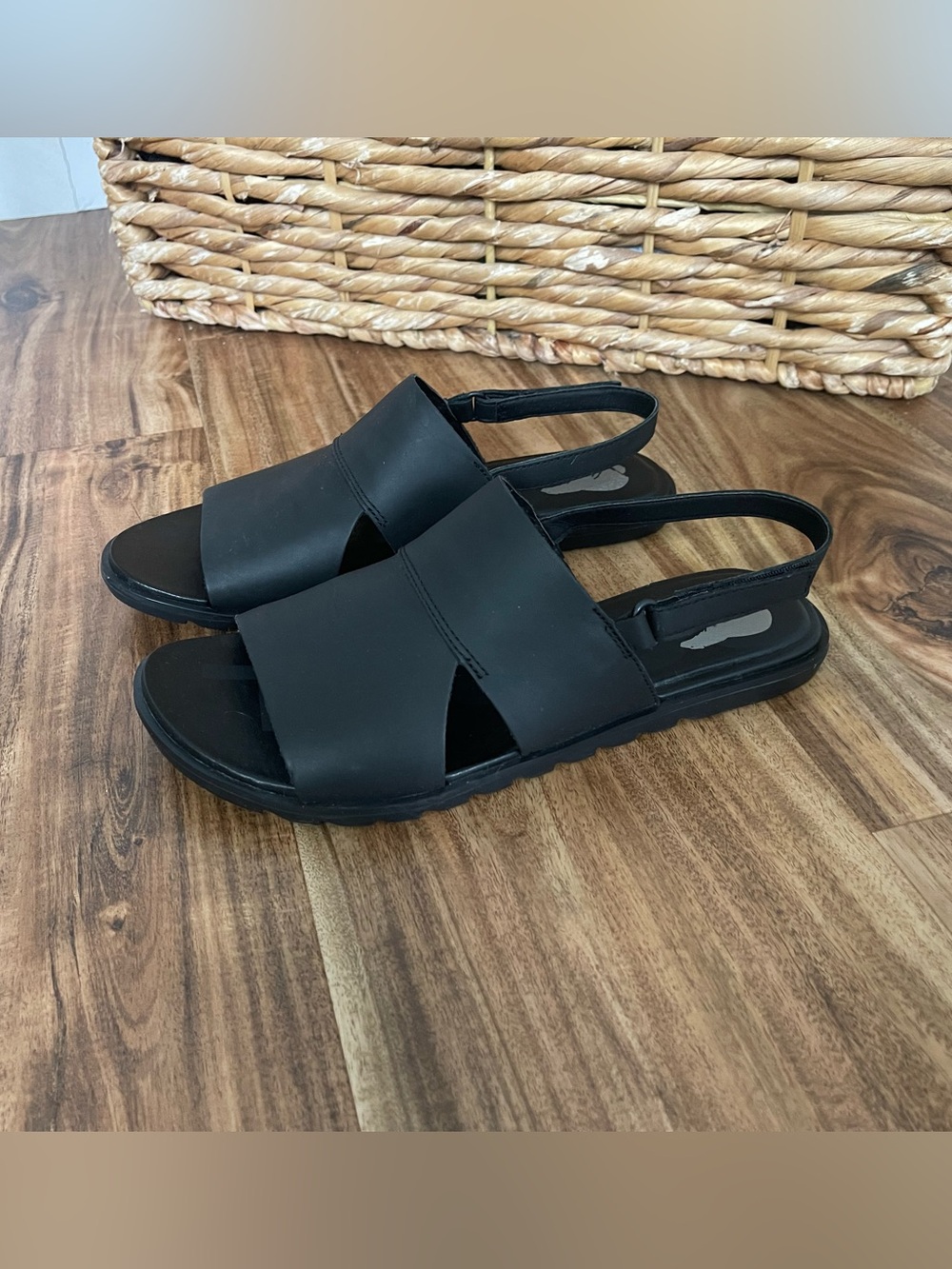 Sorel Black Leather Slingback Slide Sandals